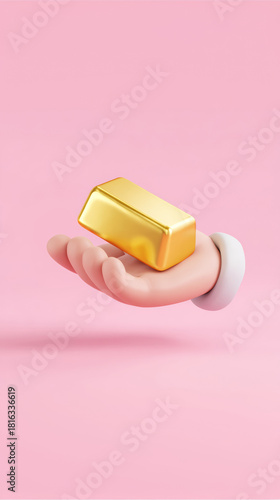 3D hand holding gold bar bullion on pink background for finance investment