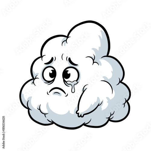 A cartoon illustration of a sad, crying white cloud with tears rolling down its face, expressing sorrow.