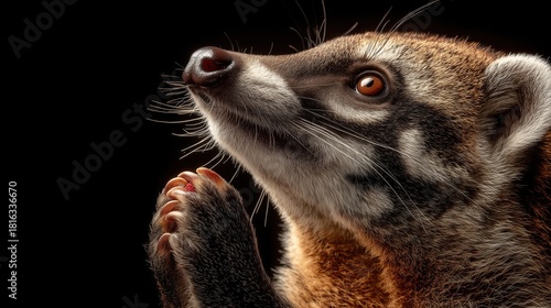 A close-up of a coati with its paws together, displaying a curious expression. The animal has a brown and gray fur coat with distinctive facial markings.