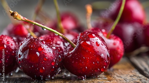 Fresh ripe red cherries with water droplets on a rustic wooden table.