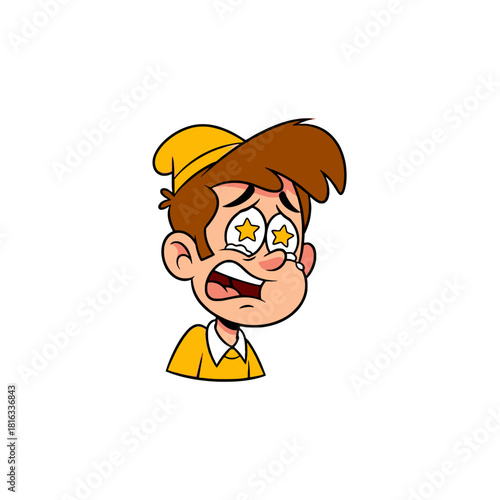Cartoon boy with star eyes and tears, expressing intense emotion, wonder, or being star-struck, wearing yellow.
