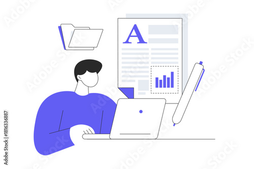 Content writing on paper sheet with pen, writer, journalist, author, and copywriter concept. Flat Cartoon Vector Illustration, icon Stylish abstract design landing page web