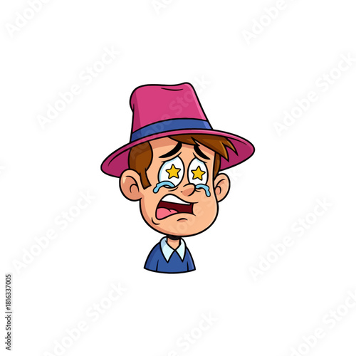 Cartoon man with star eyes and tears wearing a pink hat.