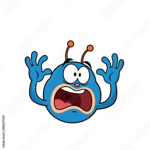 A terrified blue cartoon bug character screaming with its hands raised in fear and panic.