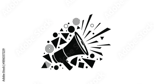 Loud announcement from a megaphone with abstract shapes bursting outward, conveying information and excitement.