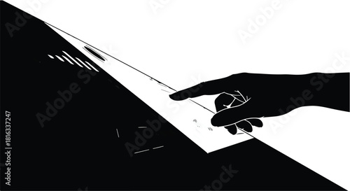 Hand touching a digital screen with geometric shapes and light