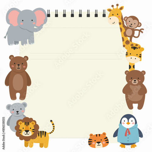 A cute cartoon frame with various jungle and forest animals surrounding a blank notepad page.