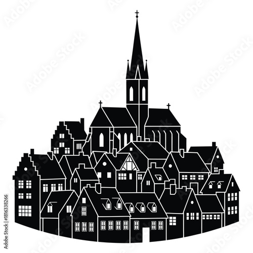 Christmas Black Silhouette of a European Village with a Church Steeple town architecture