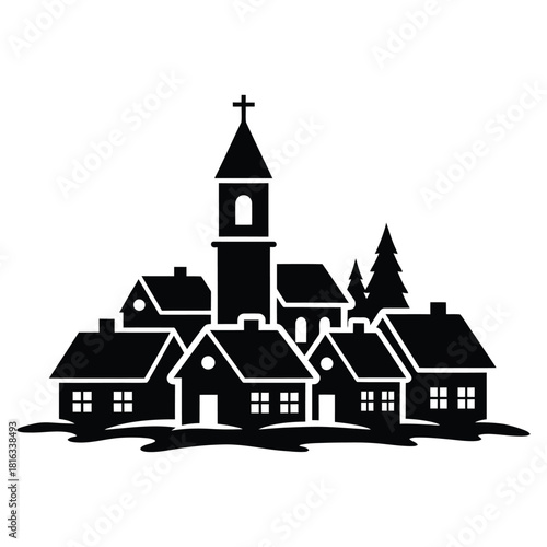 Christmas Black silhouette of a village with a church steeple and houses on white background town