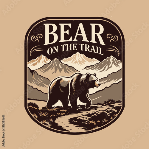 Vintage logo badge big grizzly bear trail mountain pine tree forest editable vector illustration for tshirt retro design