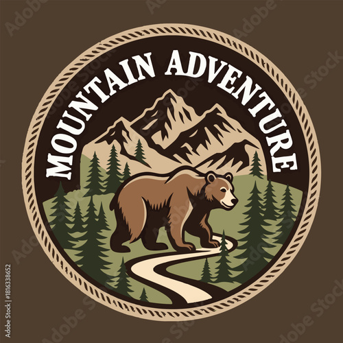 Vintage logo badge big grizzly bear trail mountain pine tree forest editable vector illustration for tshirt retro design
