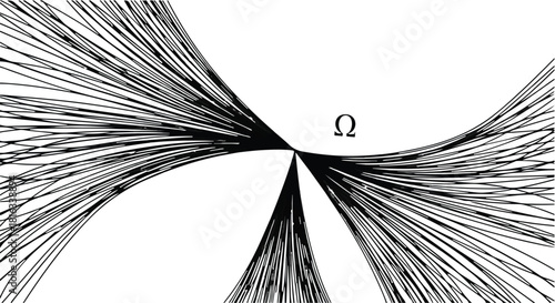 Abstract scientific illustration showing a vortex of lines converging on the Greek letter Omega.