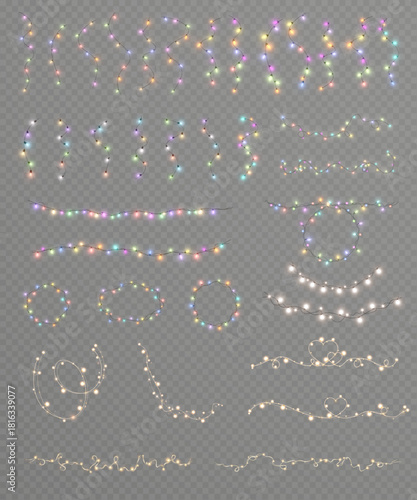 Set of multicolor glowing Christmas string lights in various shapes and curves on transparent background. Festive fairy light elements for holiday cards, borders and web design.