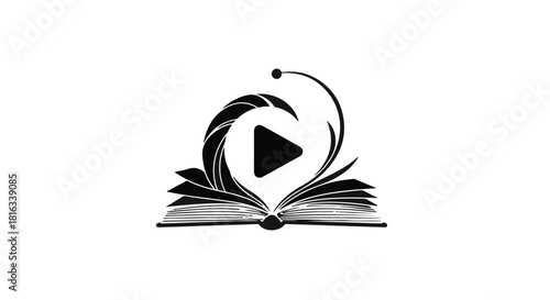 Open book with a play button symbol emerging from the pages, symbolizing digital learning and storytelling.