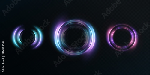 Bright glowing circular effects in blue and purple on a dark background. Vector HUD elements in a portal style for science fiction user interfaces, loading screens, and game overlays.