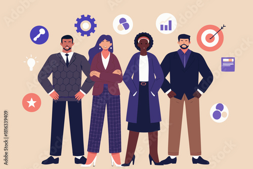 Diverse business team standing together with business icons on beige background