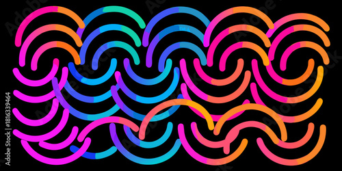 Colorful gradient arcs on black background with a wavy pattern
