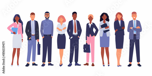 Diverse team of business professionals standing together confidently and professionally