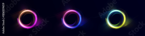 Circular light rings with circular glow on a dark background, creating luminous portals to highlight user interface elements, game design and overlays.