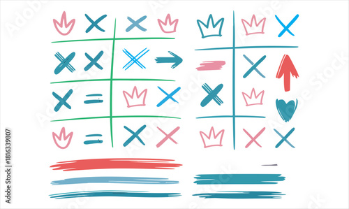 HandDrawn TicTacToe Boards Showcase Crowns, Arrows, Hearts and X Symbols on White