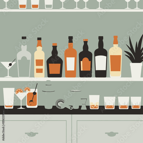 A well-stocked bar shelf with various bottles of alcohol and cocktail glasses, set against a muted green background.