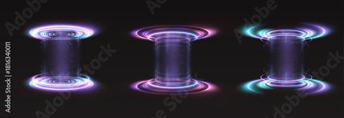 Bright teleportation portals with vertical energy flows, bright rings on a dark background. Futuristic teleportation light effect for games, interfaces, and motion design.