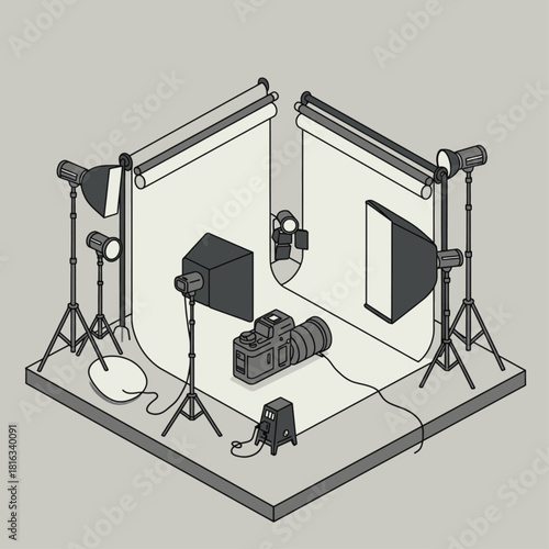 A professional photography studio setup with lighting equipment and a camera for product shots.