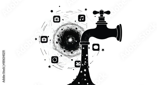 Digital stream flowing from faucet connecting to a swirling vortex of icons