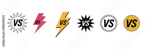 Versus Match Logo Vector Set Featuring 6 VS Text Designs with Starburst, Lightning Bolts, and Circular Shapes for Digital Competitions