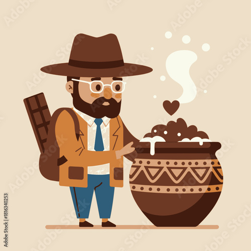A cartoon illustration of a man with a hat and a pot of something.