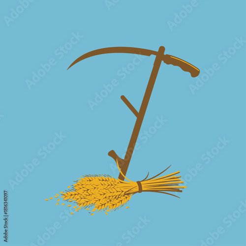 A stylized illustration of a scythe resting on a bundle of wheat stalks against a solid blue background.