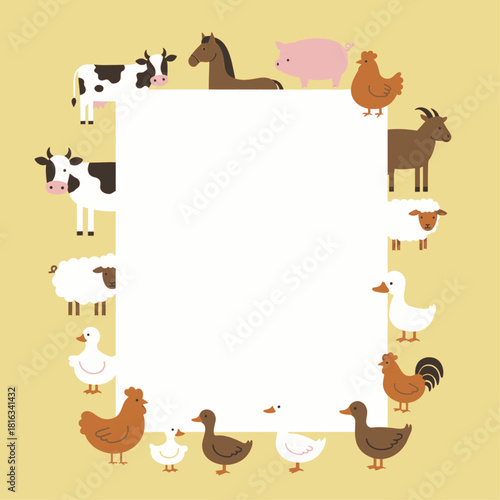 A charming farm animal border surrounds a blank white square, perfect for adding text or photos.