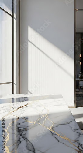 Luxurious marble countertop with gold veins bathed in sunlight against minimalist interior background