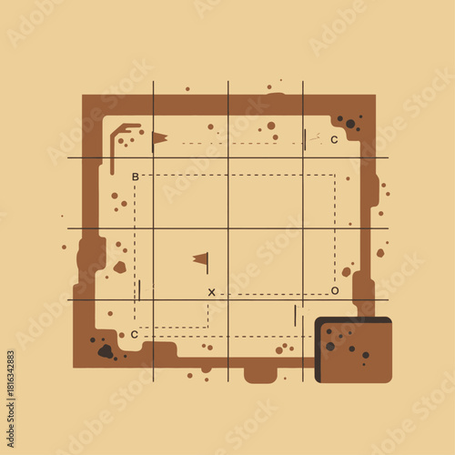 Stylized top-down view of an archaeological dig site or treasure map with grid lines and markings.