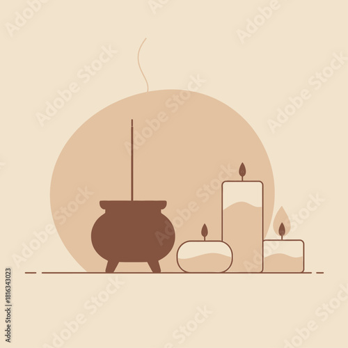 A minimalist illustration of a cauldron with smoke rising, surrounded by three lit candles on a beige background.