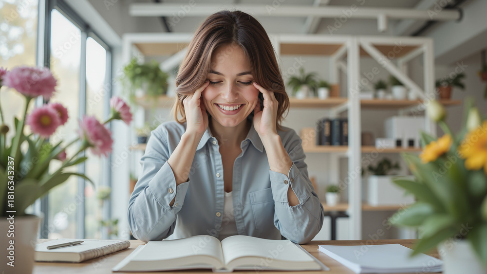 Fototapeta premium Woman Working At Office Desk - Smiling Professional With Open Book Surrounded By Flowers for Business Productivity, Education, and Workplace Wellness Concepts