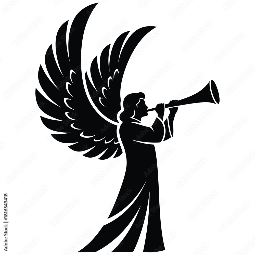 Ταπετσαρία Christmas Black silhouette of an angel with large wings blowing a trumpet on a w