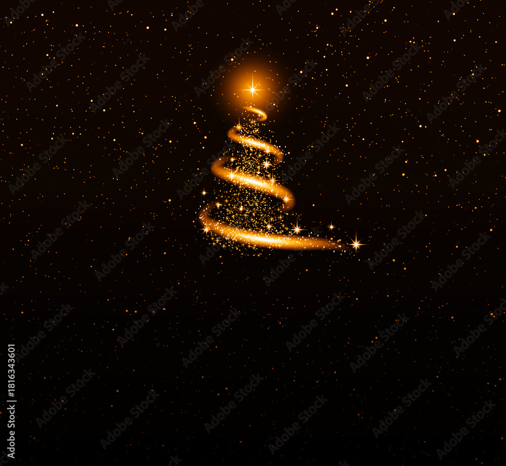Obraz premium Sparkling Golden Christmas tree with snow, stars, and a snowstorm against a starry sky