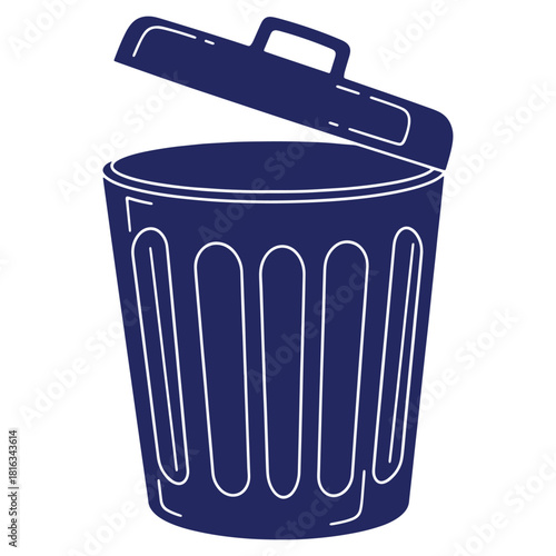 Isolated dark blue trash can with slightly open lid for disposal of unwanted items and waste management illustration