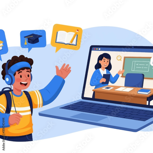 Illustration of a young boy with headphones attending an online class with a teacher on a laptop.