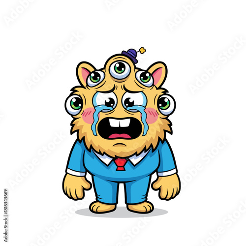 Cute cartoon monster with many eyes wearing a suit and crying sadly.