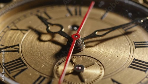 Close up of antique gold clock face with roman numerals