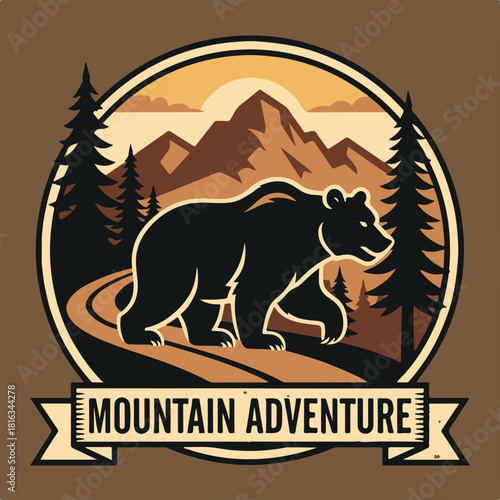 Vintage logo badge big grizzly bear trail mountain pine tree forest editable vector illustration for tshirt retro design