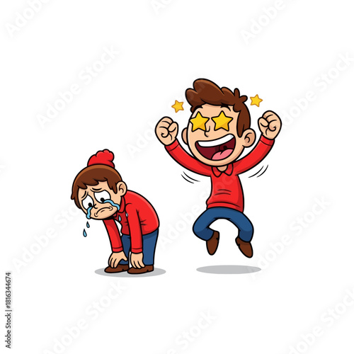 Cartoon illustration showing a sad person and a happy person jumping for joy.