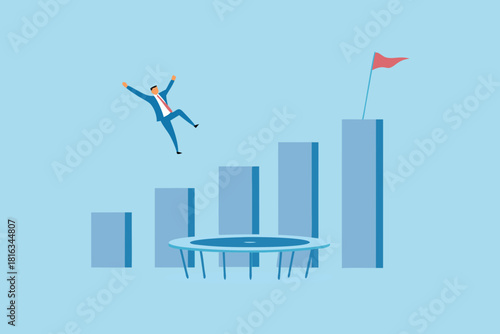 Businessman jumping on trampoline to reach goal on bar graph
