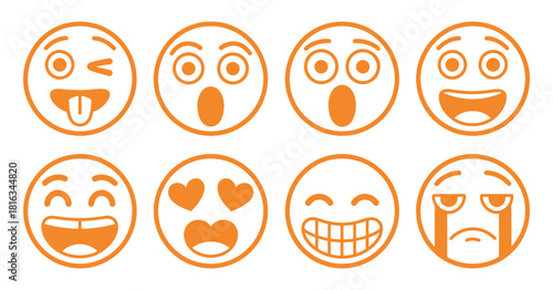 Cartoon Faces with Orange Outlines on White Backgrounds Featuring Happy, Sad, Angry, Surprised, and Playful Expressions