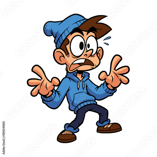A cartoon illustration of a young man looking scared and surprised, wearing a blue beanie and hoodie.