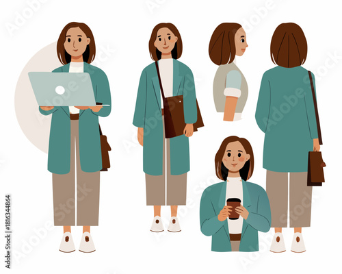 Illustration of a woman in various poses with laptop and coffee