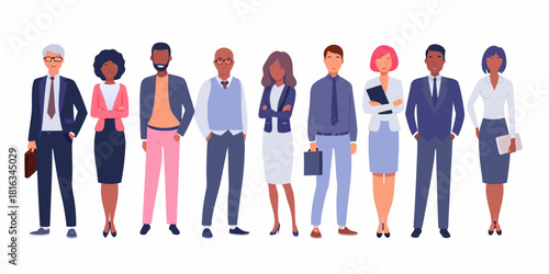 Diverse group of business professionals standing together confidently and professionally