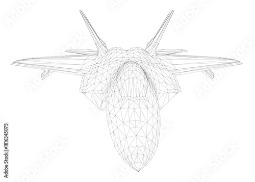 Polygonal fighter jet in combat mode, featuring a detailed wireframe design composed of geometric shapes and clean lines on a white background.
